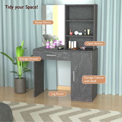 Mahmayi Modern Dresser With Vanity Mirror and Open Shelves, Elegant Dressing Table with Storage Drawer and Ample Leg Room, Perfect for Home Decor - Anthracite Metal Fabric