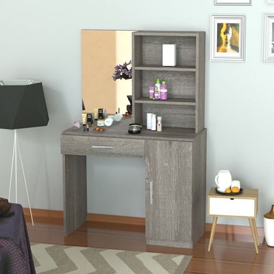 Mahmayi Modern Dresser With Vanity Mirror and Open Shelves, Elegant Dressing Table with Storage Drawer and Ample Leg Room, Perfect for Home Decor - Grey Brown whiteriver Oak