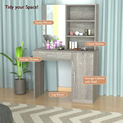 Mahmayi Modern Dresser With Vanity Mirror and Open Shelves, Elegant Dressing Table with Storage Drawer and Ample Leg Room, Perfect for Home Decor - Grey Brown whiteriver Oak