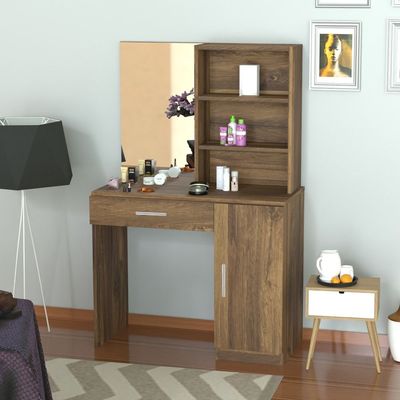 Mahmayi Modern Dresser With Vanity Mirror and Open Shelves, Elegant Dressing Table with Storage Drawer and Ample Leg Room, Perfect for Home Decor - Vintage Santa Fe Oak