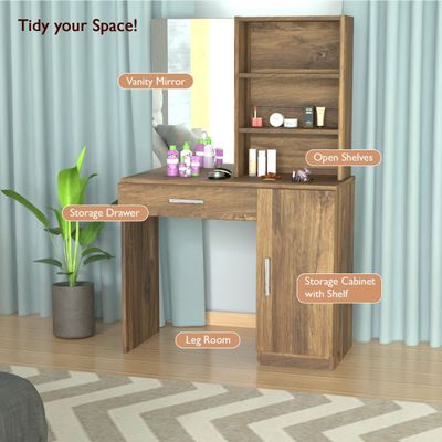 Mahmayi Modern Dresser With Vanity Mirror and Open Shelves, Elegant Dressing Table with Storage Drawer and Ample Leg Room, Perfect for Home Decor - Vintage Santa Fe Oak