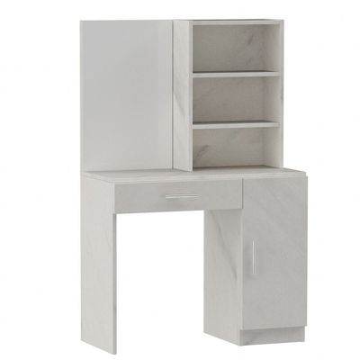 Mahmayi Modern Dresser With Vanity Mirror and Open Shelves, Elegant Dressing Table with Storage Drawer and Ample Leg Room, Perfect for Home Decor - White Levanto Marble
