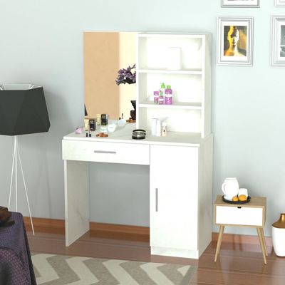 Mahmayi Modern Dresser With Vanity Mirror and Open Shelves, Elegant Dressing Table with Storage Drawer and Ample Leg Room, Perfect for Home Decor - White Levanto Marble