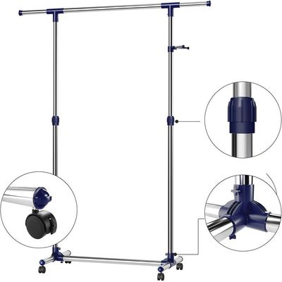SONGMICS Adjustable Garment Coat Rack with Casters, Versatile Hanging Rail Clothes Stand in Silver and Blue Finish (150 x 44 x 165 cm) - Perfect for Home & Closet Organization