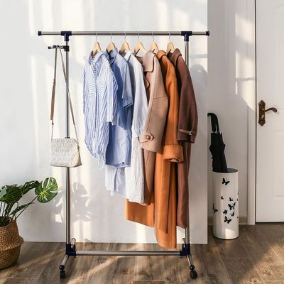 SONGMICS Adjustable Garment Coat Rack with Casters, Versatile Hanging Rail Clothes Stand in Silver and Blue Finish (150 x 44 x 165 cm) - Perfect for Home & Closet Organization