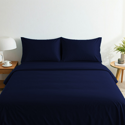 King Flat Sheet (240 x 260 Cm) 2 Pillow Cover (50 x 75 Cm) Navy Blue Dyed 100% Cotton - Set of 3