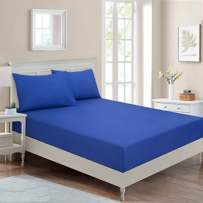 Home Design Single Fitted Sheet (90 x 200 Cm) 1 Pillow Cover (50 x 80 Cm) All Around Elastic Blue Outermer 100% Cotton- Set of 2