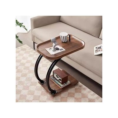 Harmony Home Mobile C-Shaped Side Table with Wheels, 52x34x58 cm – 2-Tier Wooden Tray Top Sofa End Table for Living Room & Bedroom
