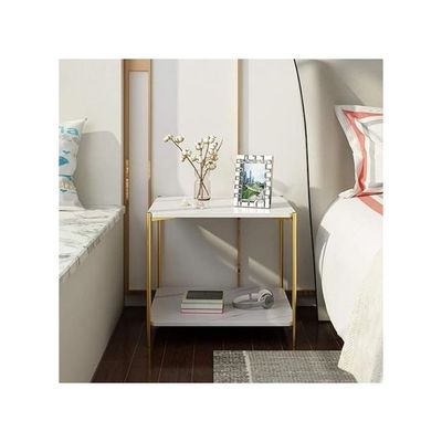Harmony Home 2-Tier Square Coffee Table, 40x40x50 cm Small End Table with Open Shelf, White Wooden Tabletop & Gold Metal Frame, Modern Side Table for Living Room, Bedroom & Office Décor