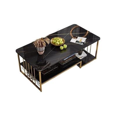 Harmony Home Rectangular Coffee Table with Storage, 60x120x42 cm – Black Marble Finish & Gold Metal Frame, Open Shelf Center Table for Living Room & Home Office
