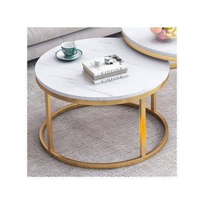 Harmony Home Modern Round End Table, 70x70x45 cm – White Faux Marble & Gold Nesting Coffee Table for Living Room, Accent Side & Center Table