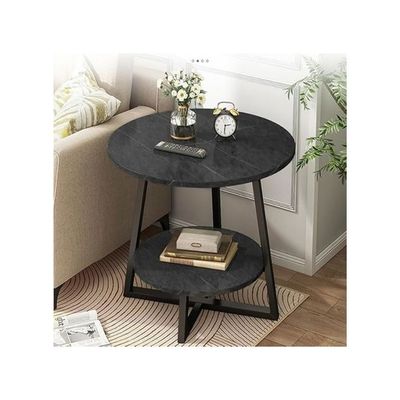 Harmony Home 2-Layer Round Coffee Table, 60x60x55 cm – Modern Black End Table with Wooden Frame, Sturdy & Easy to Assemble for Living Room & Bedroom