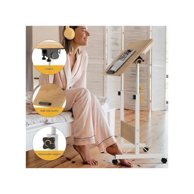 Harmony Home Mobile Standing Desk, 80x40x87 cm, Height Adjustable Foldable Laptop Desk with Lockable Wheels, Multifunctional Side Table for Bedroom, Office & Hospital, Ancient oak