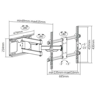 Single Arm Swivel TV Wall Mount for 37-75 Inch Flat Panel TVs up to 60 kg, VESA 600x400mm, Full-Motion with 615mm Extension, Free-Tilting Design, Black