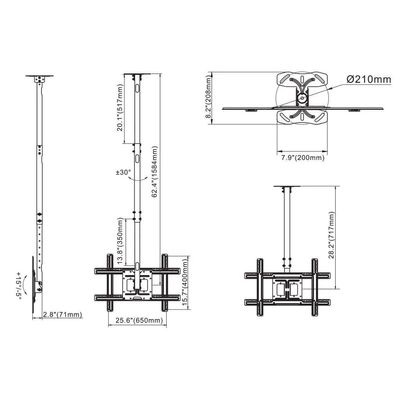 Full-Motion TV Ceiling Mount for 32" - 80" LCD TVs weighing up to 68 kg/150 lbs and upto 600x400 VESA, Adjustable Height, Cable Management, Tilting Ceiling Plate