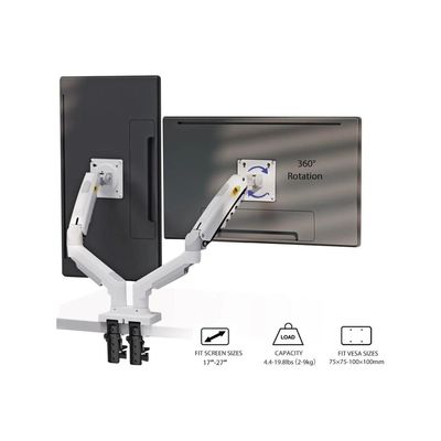 Dual Monitor Arm Desk Gas Spring Mount Supports Two 17" to 27" Computer Screens up to 19.8 lbs each, VESA 75x75 & 100x100 Compatibility, Tilt, Swivel & 360° Rotation for Ergonomic Positioning, White