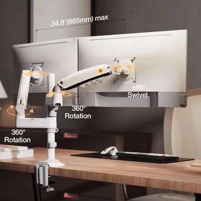 Dual Monitor Arm Gas Spring Desk Mount Supports Two 17" to 27" Screens up to 19.8 lbs for Each Monitor, VESA 75x75 & 100x100, 360° Rotation, Tilt & Swivel Adjustments, White