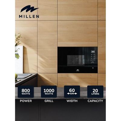 MILLEN Microwave Oven, 20L, 3 Y Warranty, Glass Finish, Touchscreen & Knob Controls, 800W Microwave Power, 1000W Grill Power, 8 Automatic Programs, MBW 381 BL - Black