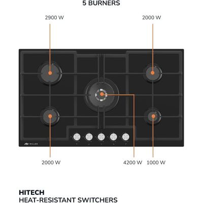 MILLEN MGHG 9002 BL 90 cm Built-in 5 Burners Gas Hob - Glass Finish, 12100 Watts, Mechanical and Electronic Ignition Control, 3 Year Warranty - Black