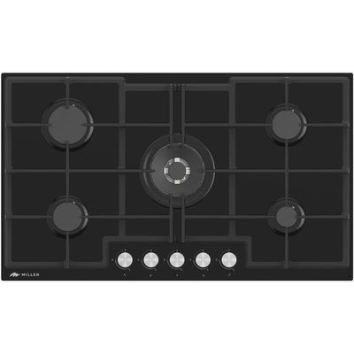 MILLEN MGHG 9002 BL 90 cm Built-in 5 Burners Gas Hob - Glass Finish, 12100 Watts, Mechanical and Electronic Ignition Control, 3 Year Warranty - Black
