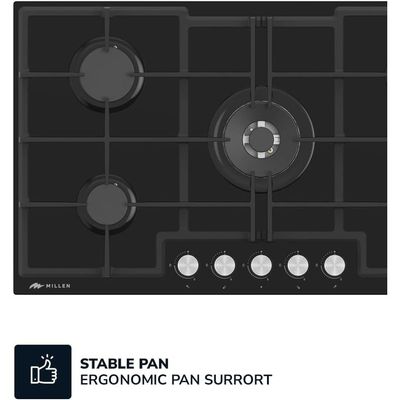 MILLEN MGHG 9002 BL 90 cm Built-in 5 Burners Gas Hob - Glass Finish, 12100 Watts, Mechanical and Electronic Ignition Control, 3 Year Warranty - Black
