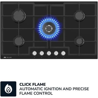 MILLEN MGHG 9002 BL 90 cm Built-in 5 Burners Gas Hob - Glass Finish, 12100 Watts, Mechanical and Electronic Ignition Control, 3 Year Warranty - Black