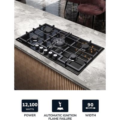 MILLEN MGHG 9002 BL 90 cm Built-in 5 Burners Gas Hob - Glass Finish, 12100 Watts, Mechanical and Electronic Ignition Control, 3 Year Warranty - Black