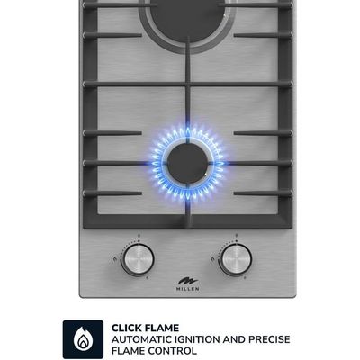 MILLEN MGH 3001 IX Built-in 30 cm Two Burners Gas Hob - Stainless-Steel Finish, 3900 Watts, Mechanical and Electric Ignition Control, 3 Year Warranty - Silver