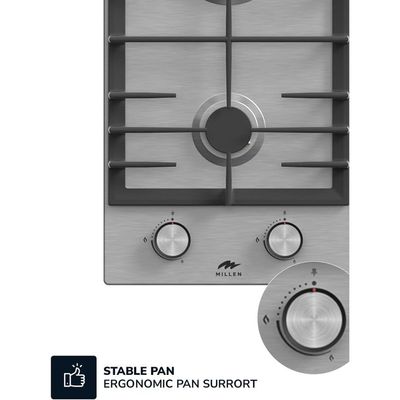 MILLEN MGH 3001 IX Built-in 30 cm Two Burners Gas Hob - Stainless-Steel Finish, 3900 Watts, Mechanical and Electric Ignition Control, 3 Year Warranty - Silver