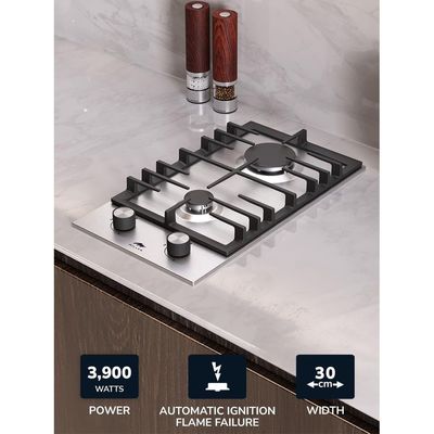 MILLEN MGH 3001 IX Built-in 30 cm Two Burners Gas Hob - Stainless-Steel Finish, 3900 Watts, Mechanical and Electric Ignition Control, 3 Year Warranty - Silver