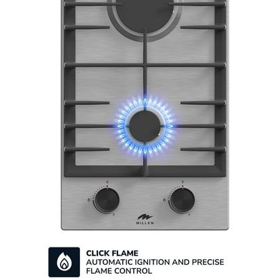 MILLEN MGH 3002 IX 30 cm Built-in 2 Burners Gas Hob - Stainless-Steel Finish, 3900 Watts, Mechanical and Electronic Ignition Control, 3 Year Warranty - Silver