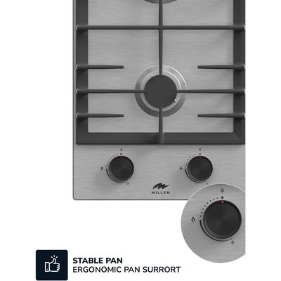 MILLEN MGH 3002 IX 30 cm Built-in 2 Burners Gas Hob - Stainless-Steel Finish, 3900 Watts, Mechanical and Electronic Ignition Control, 3 Year Warranty - Silver
