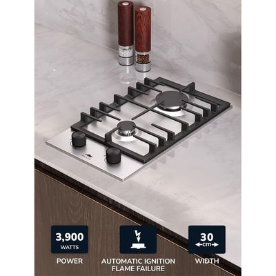 MILLEN MGH 3002 IX 30 cm Built-in 2 Burners Gas Hob - Stainless-Steel Finish, 3900 Watts, Mechanical and Electronic Ignition Control, 3 Year Warranty - Silver