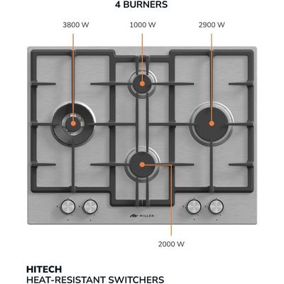 MILLEN MGH 6501 IX 65 cm Built-in 4 Burners Gas Hob - Stainless-Steel Finish, 9700 Watts, Mechanical and Electric Ignition Control, 3 Year Warranty - Silver
