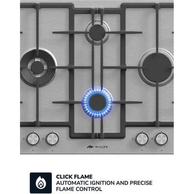MILLEN MGH 6501 IX 65 cm Built-in 4 Burners Gas Hob - Stainless-Steel Finish, 9700 Watts, Mechanical and Electric Ignition Control, 3 Year Warranty - Silver