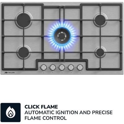 MILLEN MGH 9001 IX 90 cm Built-in 5 Burners Gas Cooktop - Stainless-Steel Finish, 12100 Watts, Mechanical and Electronic Ignition Control, 3 Year Warranty - Silver