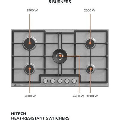 MILLEN MGH 9001 IX 90 cm Built-in 5 Burners Gas Cooktop - Stainless-Steel Finish, 12100 Watts, Mechanical and Electronic Ignition Control, 3 Year Warranty - Silver
