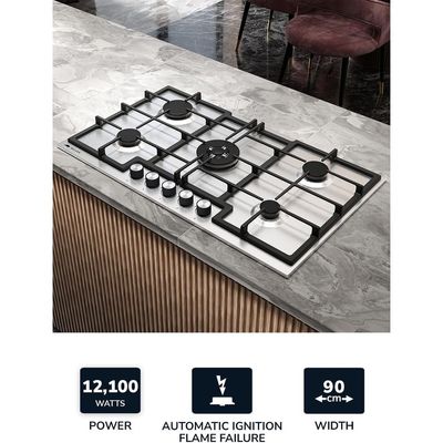 MILLEN MGH 9001 IX 90 cm Built-in 5 Burners Gas Cooktop - Stainless-Steel Finish, 12100 Watts, Mechanical and Electronic Ignition Control, 3 Year Warranty - Silver