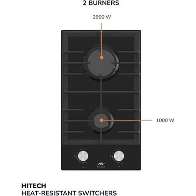 MILLEN MGHG 3001 BL 30 cm Built-in 2 Burners Gas Hob - Glass Finish, 3900 Watts, Mechanical and Electric Ignition Control, 3 Year Warranty - Black