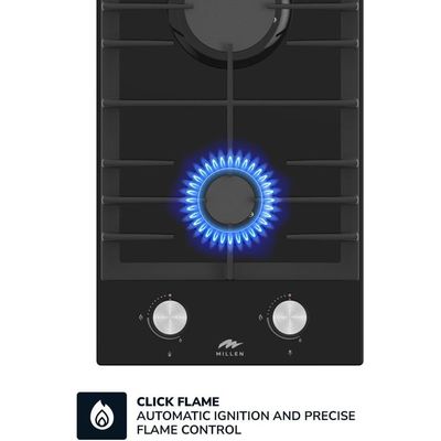 MILLEN MGHG 3001 BL 30 cm Built-in 2 Burners Gas Hob - Glass Finish, 3900 Watts, Mechanical and Electric Ignition Control, 3 Year Warranty - Black