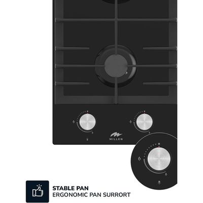 MILLEN MGHG 3001 BL 30 cm Built-in 2 Burners Gas Hob - Glass Finish, 3900 Watts, Mechanical and Electric Ignition Control, 3 Year Warranty - Black