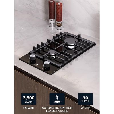 MILLEN MGHG 3001 BL 30 cm Built-in 2 Burners Gas Hob - Glass Finish, 3900 Watts, Mechanical and Electric Ignition Control, 3 Year Warranty - Black