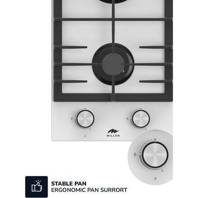 MILLEN MGHG 3001 WH 30 cm Built-in 2 Burners Gas Hob - Glass Finish, 3900 Watts, Mechanical and Electronic Ignition Control, 3 Year Warranty - White
