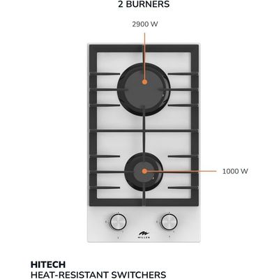 MILLEN MGHG 3001 WH 30 cm Built-in 2 Burners Gas Hob - Glass Finish, 3900 Watts, Mechanical and Electronic Ignition Control, 3 Year Warranty - White
