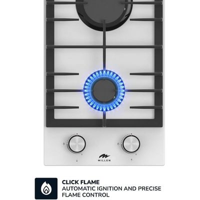MILLEN MGHG 3001 WH 30 cm Built-in 2 Burners Gas Hob - Glass Finish, 3900 Watts, Mechanical and Electronic Ignition Control, 3 Year Warranty - White