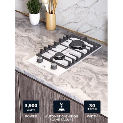 MILLEN MGHG 3001 WH 30 cm Built-in 2 Burners Gas Hob - Glass Finish, 3900 Watts, Mechanical and Electronic Ignition Control, 3 Year Warranty - White