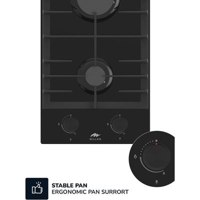 MILLEN MGHG 3002 BL 30 cm Built-in 2 Burners Gas Hob - Glass Finish, 3900 Watts, Mechanical and Electric Ignition Control, 3 Year Warranty - Black