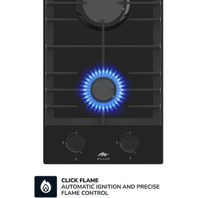 MILLEN MGHG 3002 BL 30 cm Built-in 2 Burners Gas Hob - Glass Finish, 3900 Watts, Mechanical and Electric Ignition Control, 3 Year Warranty - Black