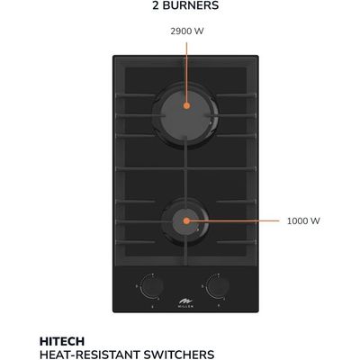 MILLEN MGHG 3002 BL 30 cm Built-in 2 Burners Gas Hob - Glass Finish, 3900 Watts, Mechanical and Electric Ignition Control, 3 Year Warranty - Black