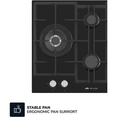 MILLEN 65 cm Built In Black Glass Gas Hob with SABAF Burners -3 Years Warranty, MGHG 6502 BL - Black